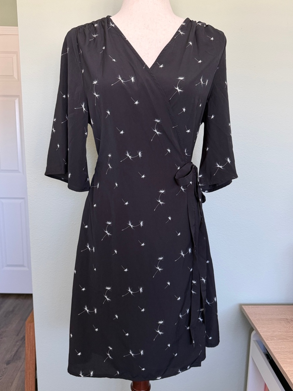 Disturbia Black Wrap Midi Dress with White Dandelion Motif